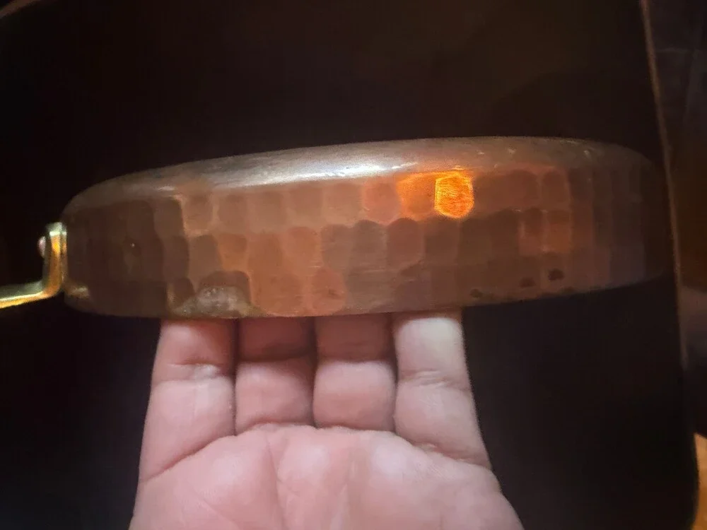 Vintage Hammered Copper quiche or pie Pan Tin Lined Brass Handles